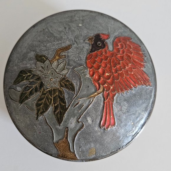 Horizon Enamel Bird and Gold Brass Round Trinket Box Made in India - Picture 7 of 7